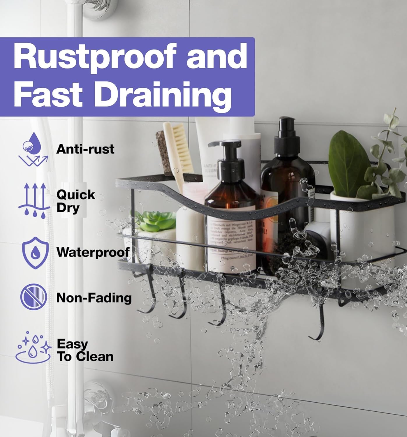 Premium Shower Caddy - Self Adhesive Shower Shelf with 4 Hooks - No Drill Large Capacity Stainless Steel Rack - Aesthetic Organizer for Bathroom Wall Decor - Matte Black