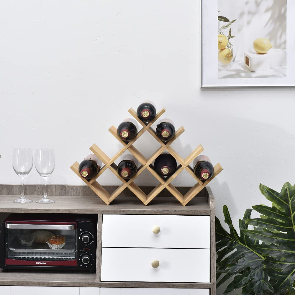Wooden 13-Bottle Wine Rack - Nature Wood 4-Tier Wine Display Rack/Free Standing and Countertop Storage Shelf - Bottle Holder/Cabinet Glass XHJJ4-NA